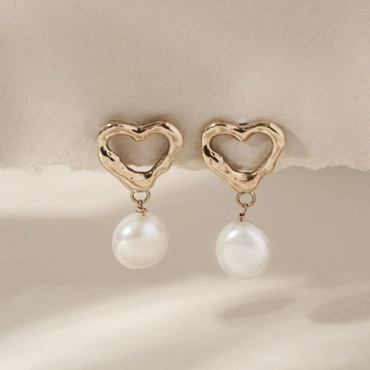 Molten Heart 9ct Gold Pearl Drop Earrings