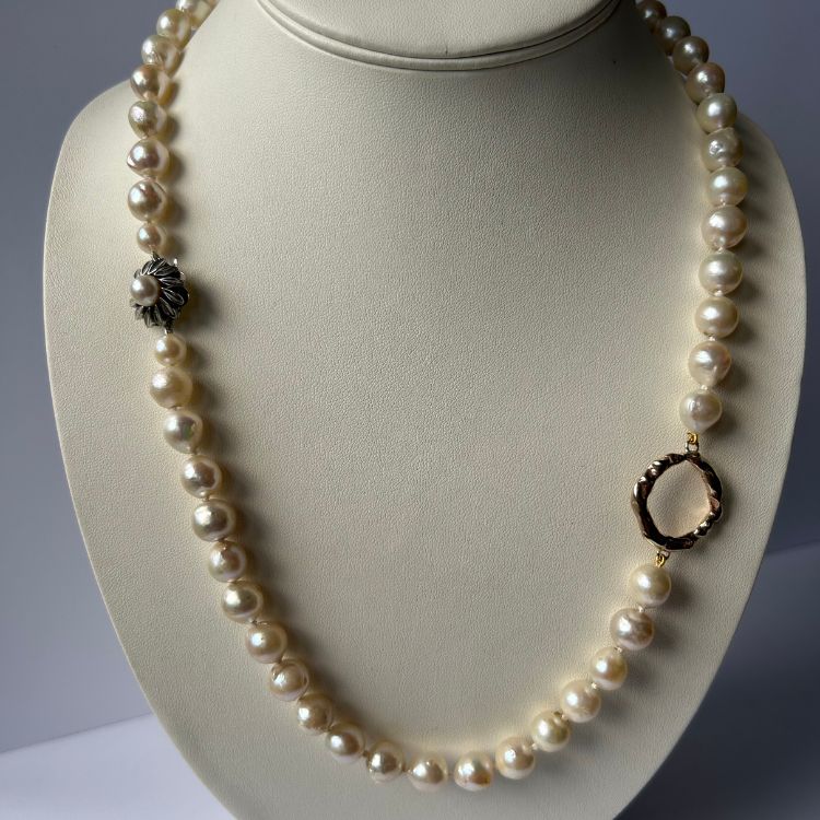 Stunning 35" vintage pearl long necklace with beautiful 14ct gold and pearl clasp and integrated Lulu and Boo 9ct medium halo
