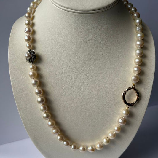 Stunning 35" vintage pearl long necklace with beautiful 14ct gold and pearl clasp and integrated Lulu and Boo 9ct medium halo