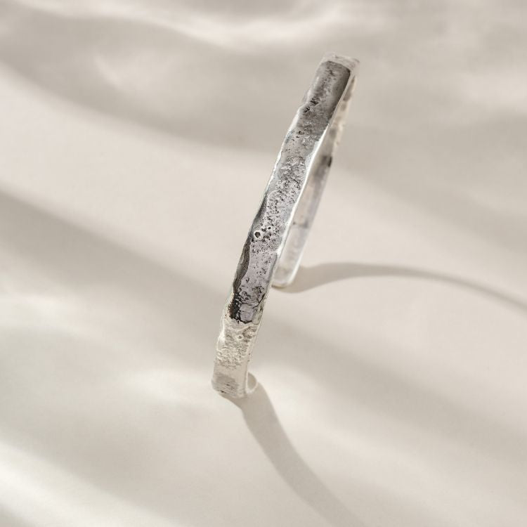 A Men's Luna Textured Slim Silver or Gold Cuff Bracelet from Lulu and Boo Jewellery.