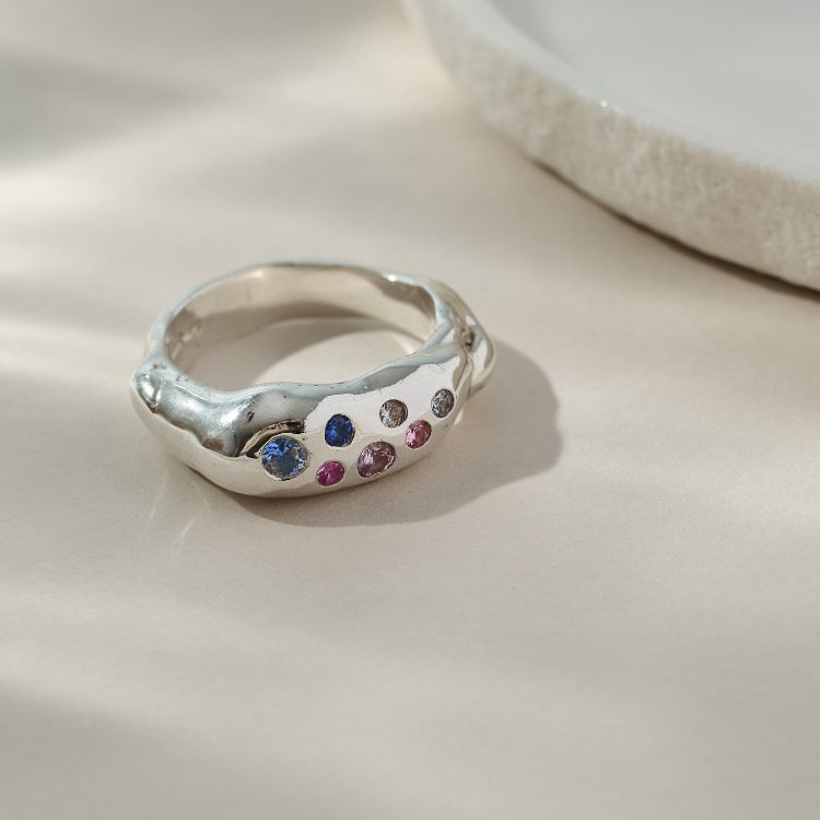 Harlequin Chunky Molten Sterling Silver and Sapphire Ring