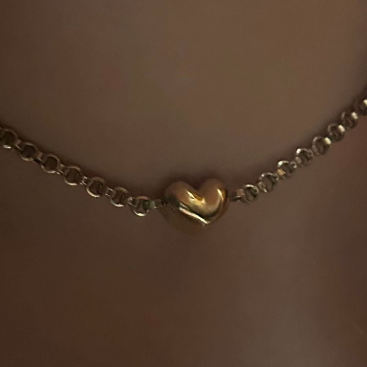 Beautiful puffy 9ct gold heart choker with antique 9ct gold Victorian guard chain.
