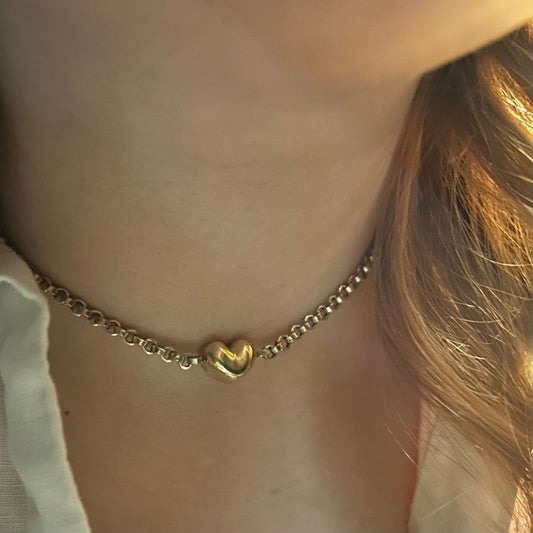 Beautiful puffy 9ct gold heart choker with antique 9ct gold Victorian guard chain.