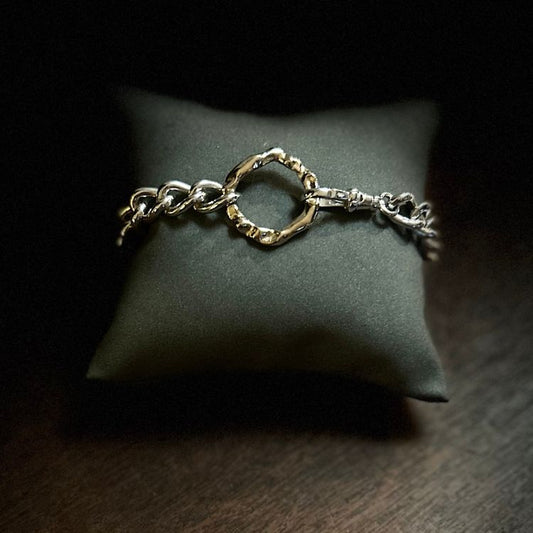 Vintage heavy silver bangle with integrated Lulu and Boo medium molten 9ct gold halo