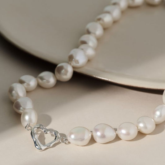 Cultured Pearl Choker with Silver Molten Heart
