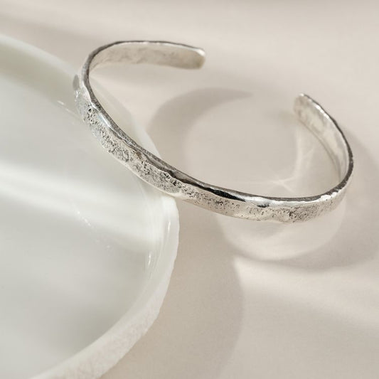 A Men's Luna Textured Slim Silver or Gold Cuff Bracelet from Lulu and Boo Jewellery.