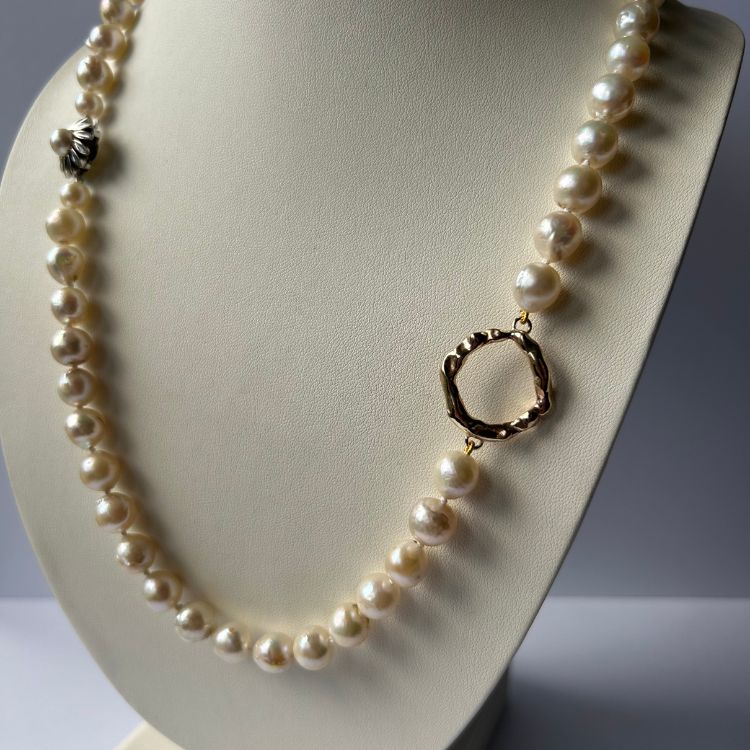 Stunning 35" vintage pearl long necklace with beautiful 14ct gold and pearl clasp and integrated Lulu and Boo 9ct medium halo