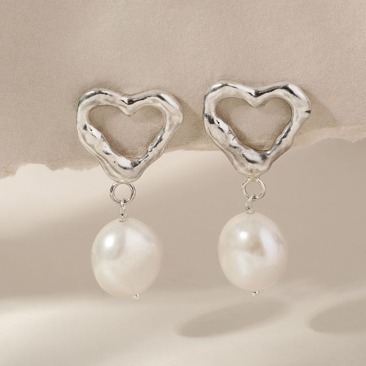 Molten Heart Sterling Silver Pearl Drop Earrings