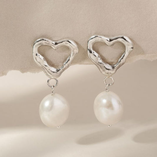 Molten Heart Sterling Silver Pearl Drop Earrings