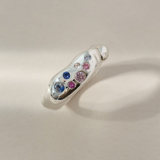Harlequin Chunky Molten Sterling Silver and Sapphire Ring
