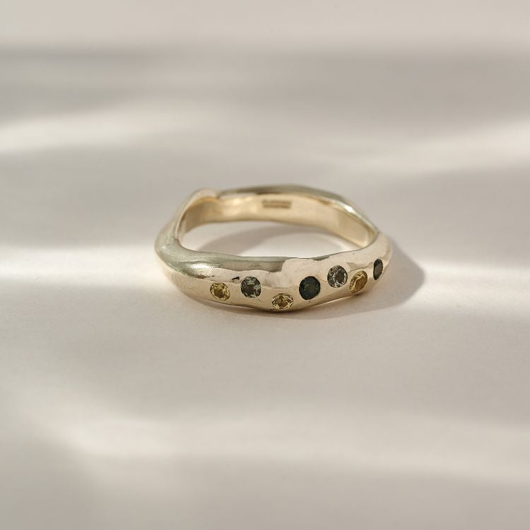 Small Molten Silver or Gold Harlequin Sapphire Ring