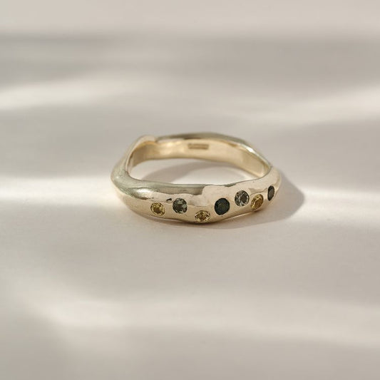Small Molten Silver or Gold Harlequin Sapphire Ring