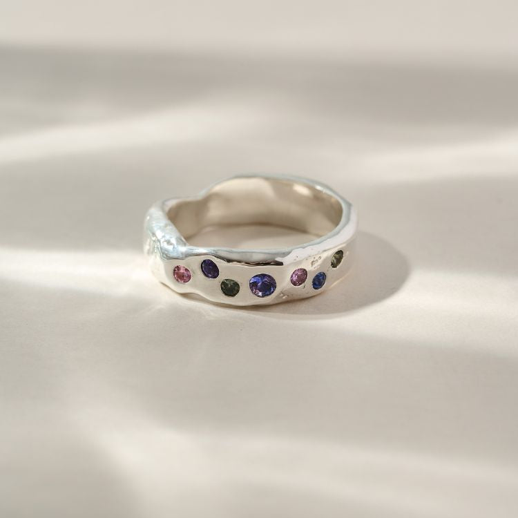 Luna Molten Sterling Silver and Harlequin Sapphire Band