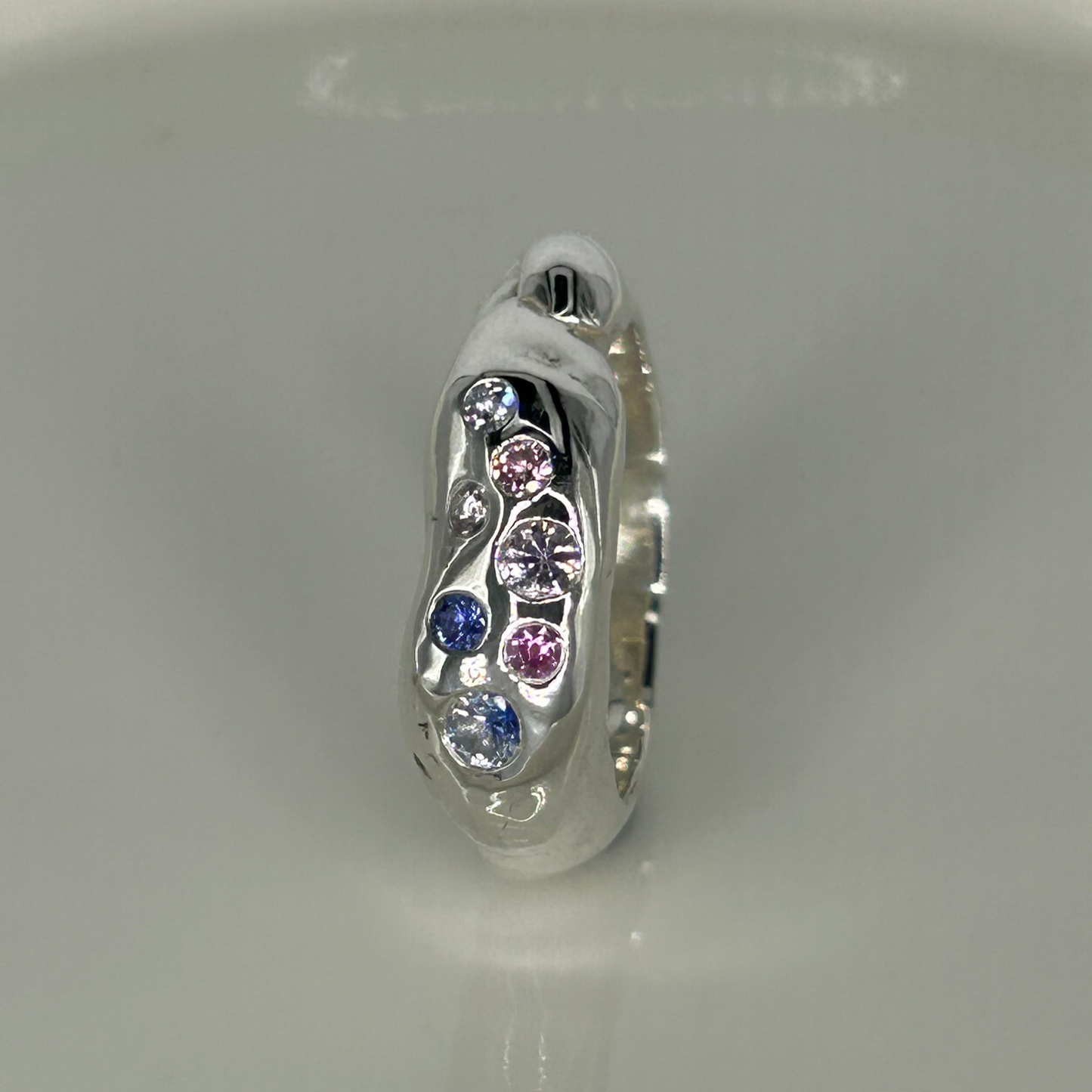 Harlequin Chunky Molten Sterling Silver and Sapphire Ring