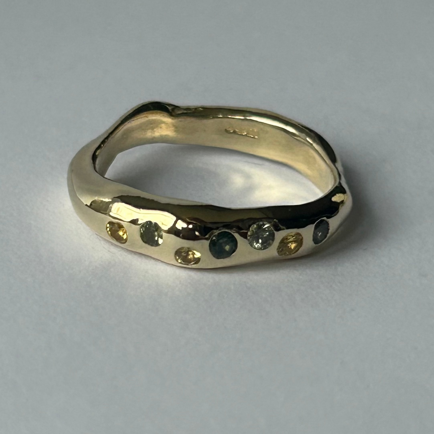Small Molten Silver or Gold Harlequin Sapphire Ring