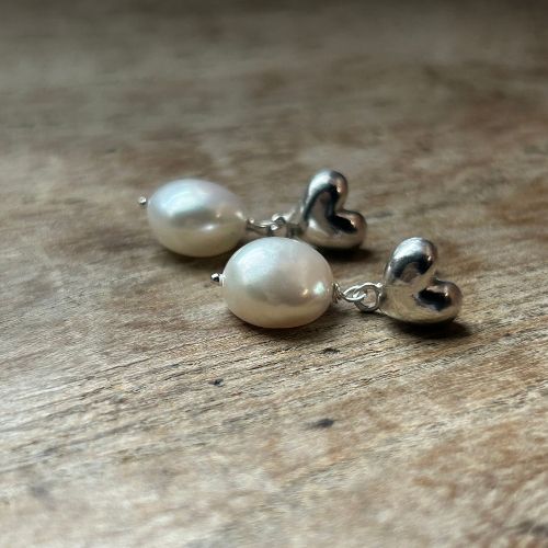 Pearl Earrings with Sterling Silver Puffy Heart Studs from Lulu and Boo Jewellery.