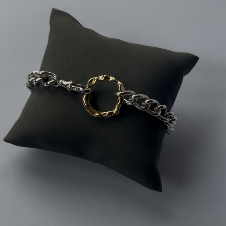 Vintage heavy silver bangle with integrated Lulu and Boo medium molten 9ct gold halo