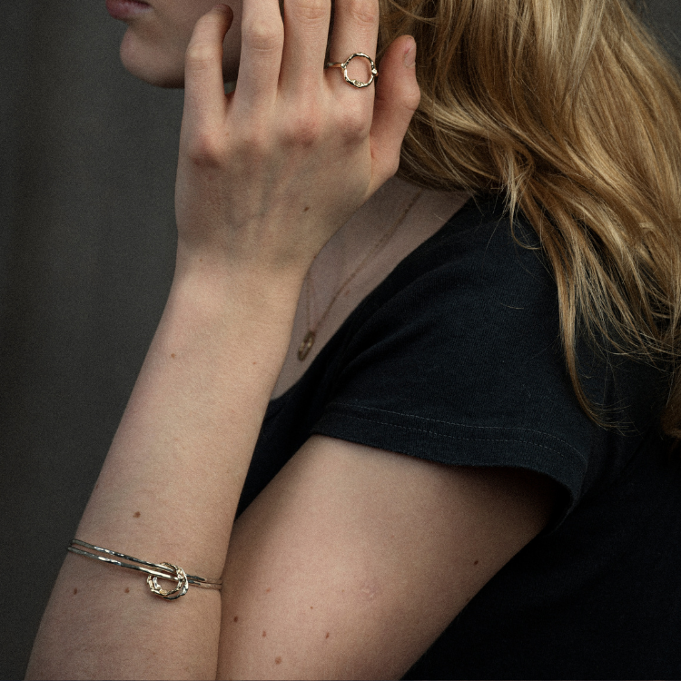 Sterling Silver Charm Bangle with Two 9ct Gold Halo Charms
