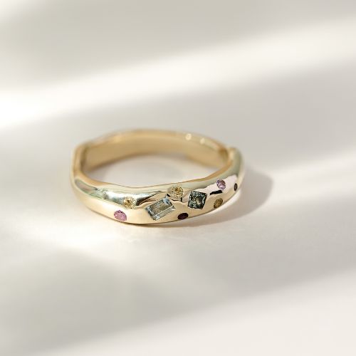 Tutti Frutti Harlequin 9ct Gold Ring with Sapphires and Coloured Gemstones