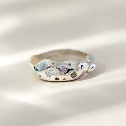 Chunky Tutti Frutti Harlequin Sterling Silver Ring with Sapphires and coloured gemstones