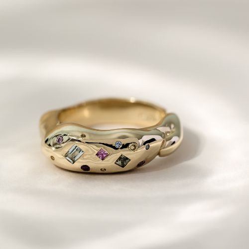 Chunky Tutti Frutti Harlequin 9ct Gold Ring with Sapphires and coloured gemstones.