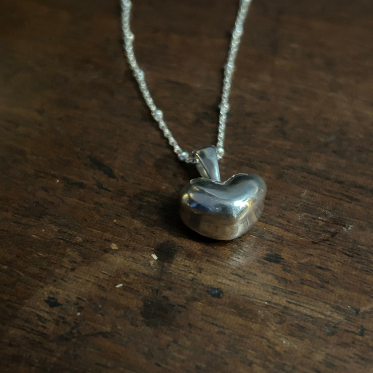 Sterling silver hand crafted Puffy heart pendant and satellite chain ...