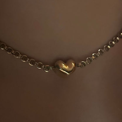 Beautiful puffy 9ct gold heart choker with antique 9ct gold Victorian guard chain.