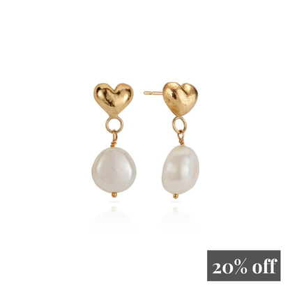 9ct Gold Puffy Heart and Pearl Drop Earrings