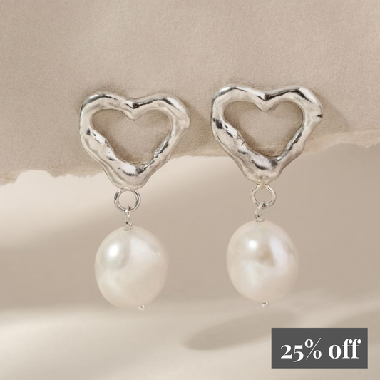 Molten Heart Sterling Silver Pearl Drop Earrings