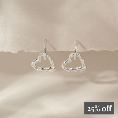 Molten Sterling Silver Heart Drop Earrings