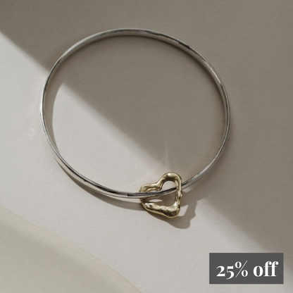 9ct Gold Molten Heart Charm on Silver Bangle