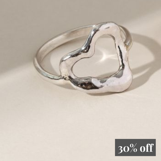 Molten Sterling Silver Heart Ring - Offset Size R