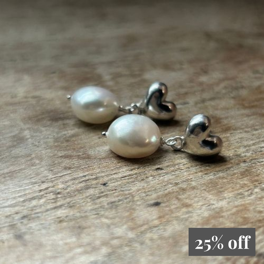 Pearl Earrings with Sterling Silver Puffy Heart Studs