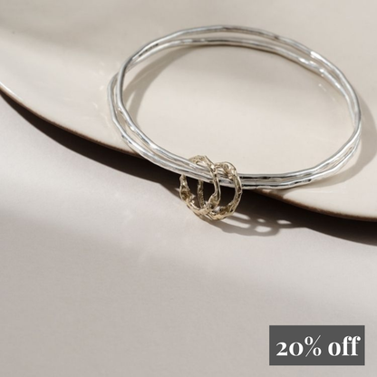 Sterling Silver Charm Bangle with Two 9ct Gold Halo Charms