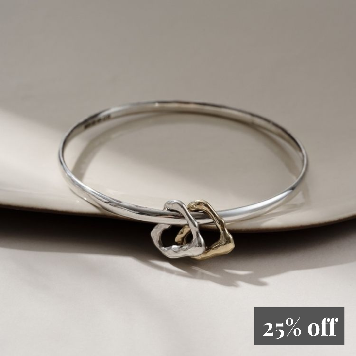 Silver Bangle with Silver and 9ct Gold Molten Heart Charms