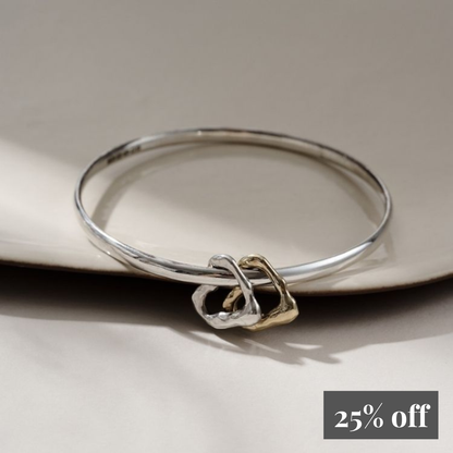 Silver Bangle with Silver and 9ct Gold Molten Heart Charms