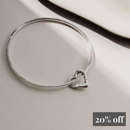 Molten Silver Heart Charm Bangle