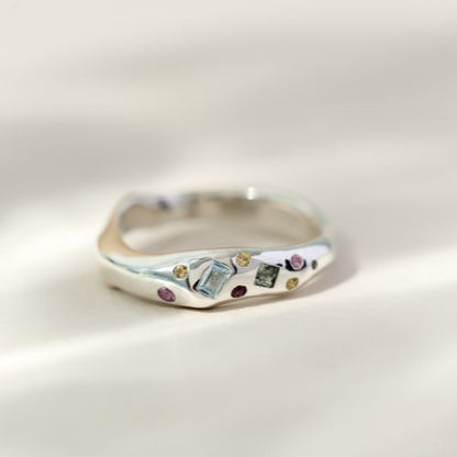 Tutti Frutti Harlequin Sterling Silver Ring with Sapphires and Coloured Gemstones