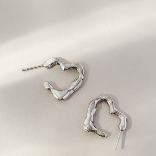 Silver Molten Heart Hoop Earrings