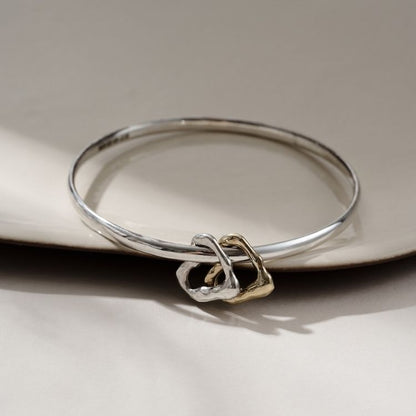 9ct Gold and Sterling silver double Molten Heart charm bangle