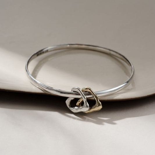 9ct Gold and Sterling silver double Molten Heart charm bangle