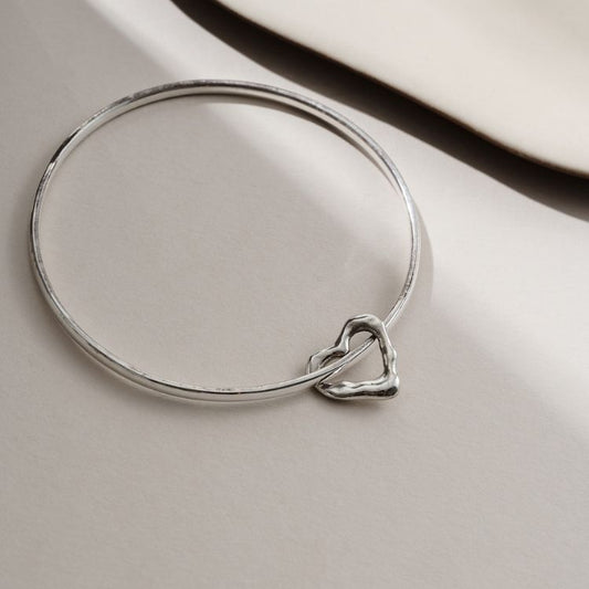 Sterling silver Molten Heart charm bangle
