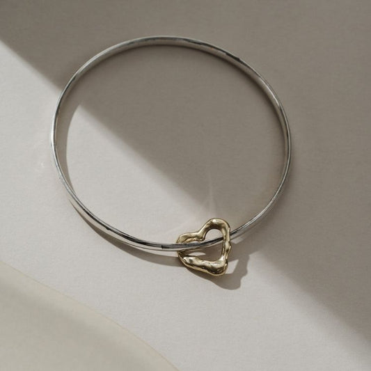 9ct Gold Molten Heart Charm on Silver Bangle