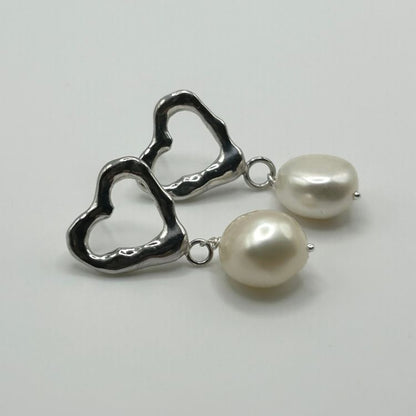 Molten Heart Sterling Silver Pearl Drop Earrings