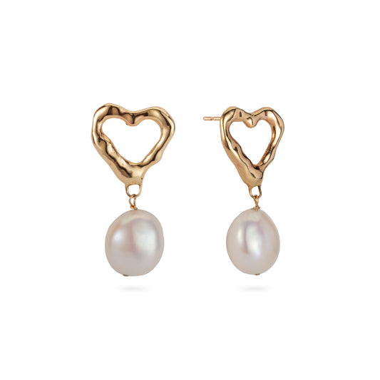 Molten Heart 9ct Gold Pearl Drop Earrings