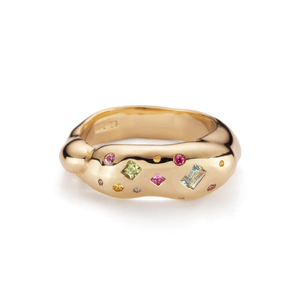 Chunky Tutti Frutti Harlequin 9ct Gold Ring with Sapphires and coloured gemstones.