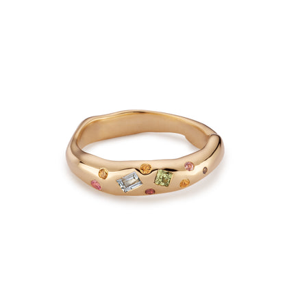 Tutti Frutti Harlequin 9ct Gold Ring with Sapphires and Coloured Gemstones