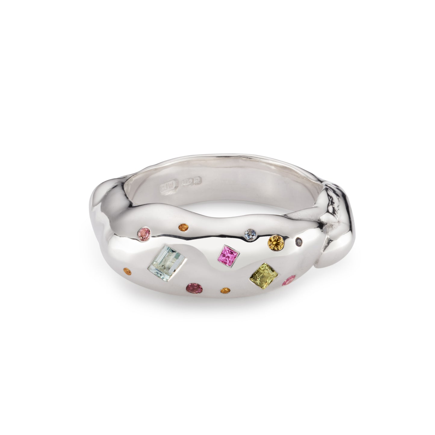 Chunky Tutti Frutti Harlequin Sterling Silver Ring with Sapphires and coloured gemstones