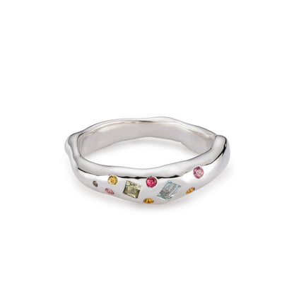 Tutti Frutti Harlequin Sterling Silver Ring with Sapphires and Coloured Gemstones