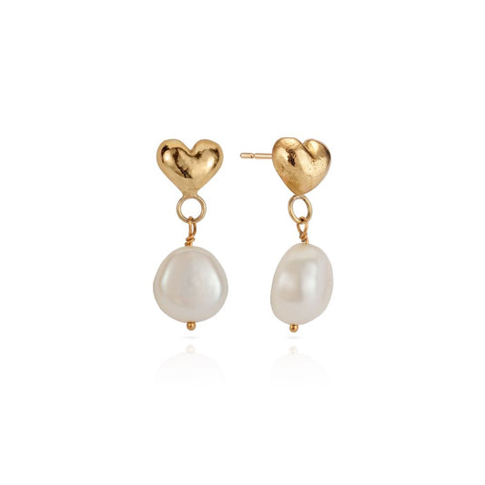 Puffy Heart 9ct Gold and Pearl Drop Earrings